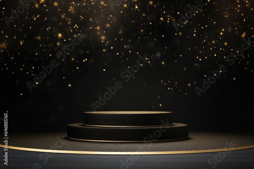 Black podium product stage with spotlight and golden glitter background. photo