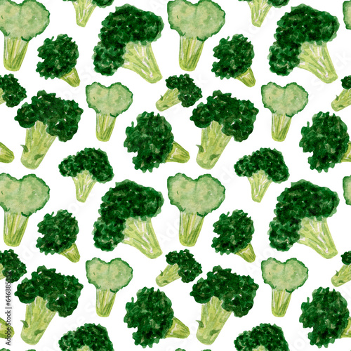 Watercolor seamless pattern with various green broccoli on a white background. For various food products, wrapping, etc.