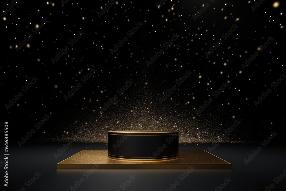 Black podium product stage with spotlight and golden glitter background. - obrazy, fototapety, plakaty 