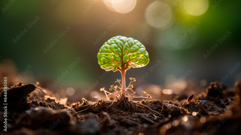 a close-up view of a small green plant growing out of the ground with a brain-like structure. The roots extend into the earthy soil. Growth concept - obrazy, fototapety, plakaty 