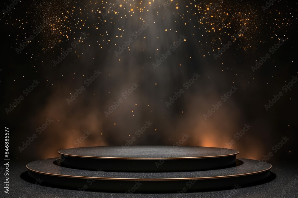 Black podium product stage with spotlight and golden glitter background.