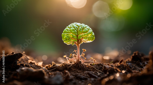 a close-up view of a small green plant growing out of the ground with a brain-like structure. The roots extend into the earthy soil. Growth concept