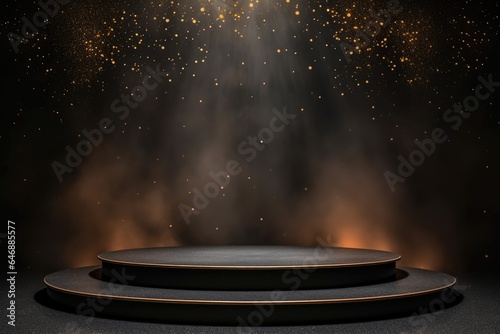 Fotografia Black podium product stage with spotlight and golden glitter background