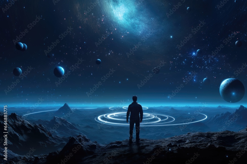 The figure of a lonely man in a huge surreal world The figure of a lonely man in a huge surreal world