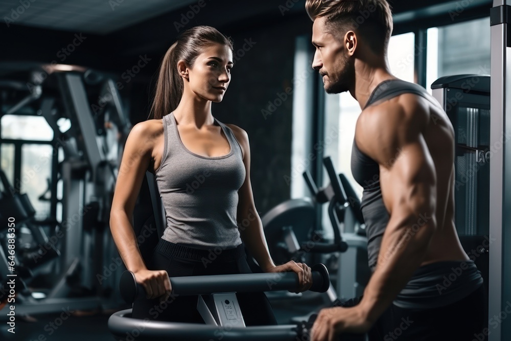 A man and a woman play sports in the gym with a personal trainer A man and a woman play sports in the gym with a personal trainer