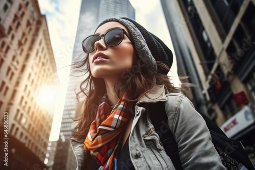 Urban Adventure Model exploring a vibrant city - stock photography