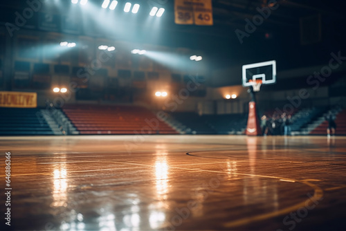 Basketball goal in a beautiful gymnasium illuminated by spotlights. © cwa