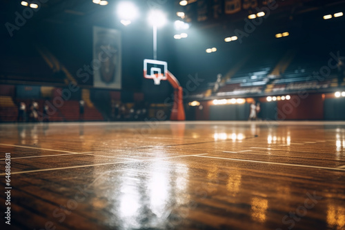 Basketball goal in a beautiful gymnasium illuminated by spotlights. photo