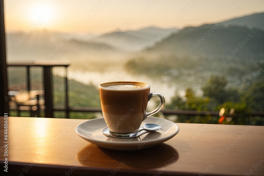 Morning Refreshment: Hot Java in a Wooden Cup with Mountain Sky View Morning Refreshment: Hot Java in a Wooden Cup with Mountain Sky View