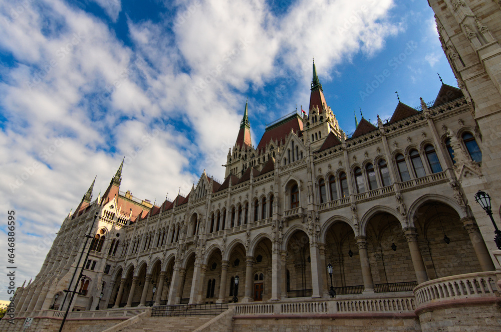 Detailed view of picturesque Hungarian Parliament Building against colorful sky. One of the most beautiful buildings in Budapest. Travel and tourism concept