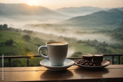 Morning Refreshment: Hot Java in a Wooden Cup with Mountain Sky View