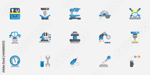 Metalworking equipment: people casting forgings, working on turning lathes, drilling, cutting, and bending machines vector editable icon set