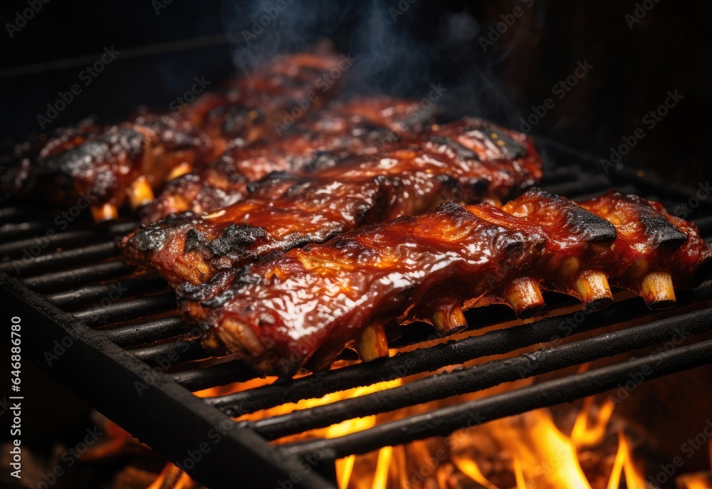 BBQ ribs are very spicy grilled on a fire grill on black background BBQ ribs are very spicy grilled on a fire grill on black background