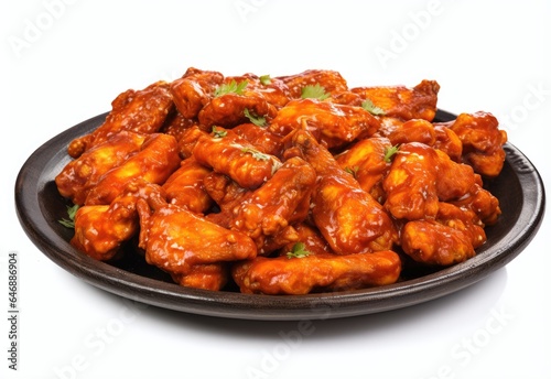 Spicy buffalo chicken wings on black plate isolated in white background