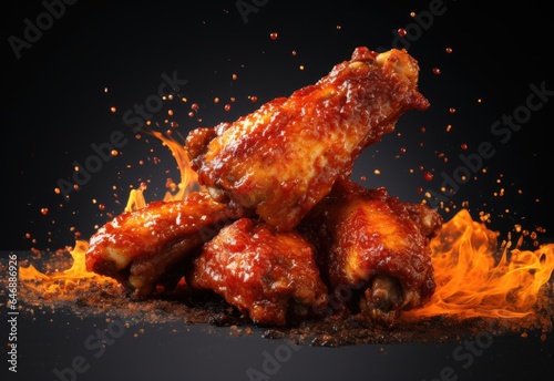 Chicken wings with hot sauce topping and fire on black background photo