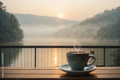 Steamy Morning Refreshment with Aromatic Roasted Coffee and Croissant on a Table