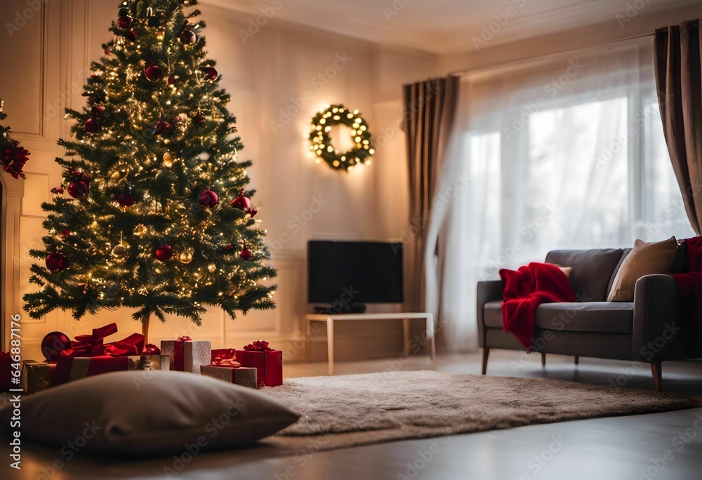 AI generated illustration of a festive Christmas scene featuring a brightly decorated Christmas tree