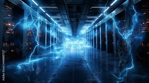 a hallway leading to many servers with lightning all around it