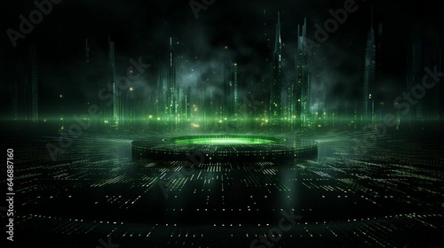 a futuristic scene is shown with glowing green light in the dark