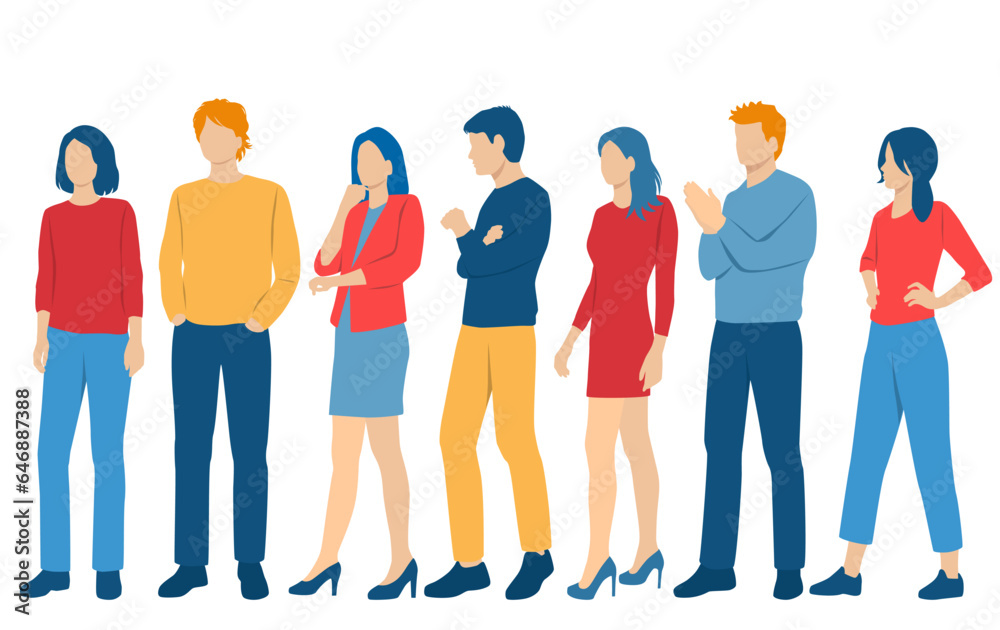 Fototapeta premium Set of young men and women, different colors, cartoon character, group of silhouettes of standing business people, students, the design concept of flat icon, isolated on white background