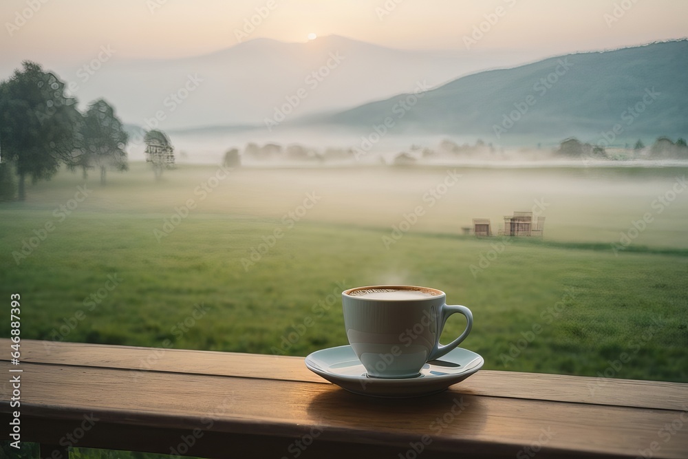 Morning Refreshment: Hot Java in a Wooden Cup with Mountain Sky View Morning Refreshment: Hot Java in a Wooden Cup with Mountain Sky View