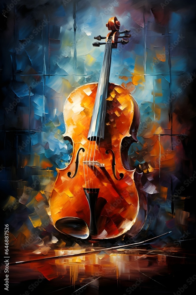 AI generated illustration of an oil painting of a cello against a colorful backdrop