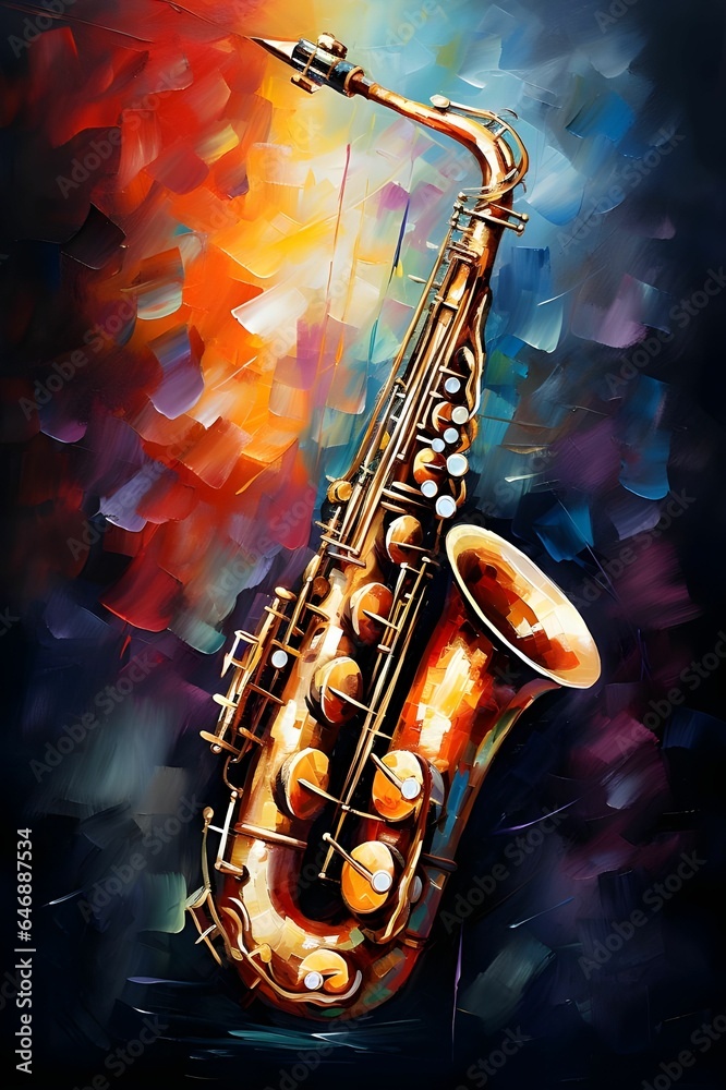 AI generated illustration of an oil painting of a saxophone on canvas - obrazy, fototapety, plakaty 