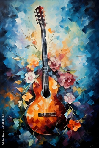 AI generated illustration of an oil painting of a blue background with a guitar and flowers