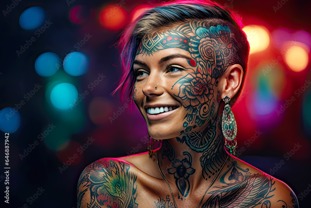 Heroic Young Woman wit Tattoo. Generative AI, non-existent person.	