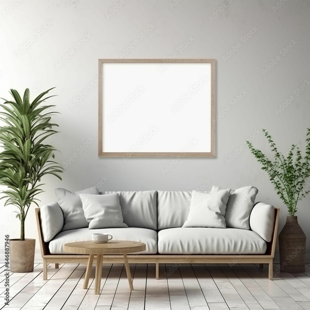AI generated illustration of A modern room with a white couch and a white frame with a copy space AI generated illustration of A modern room with a white couch and a white frame with a copy space