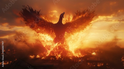 AI generated illustration of a majestic phoenix bird flying with wings covered in flames