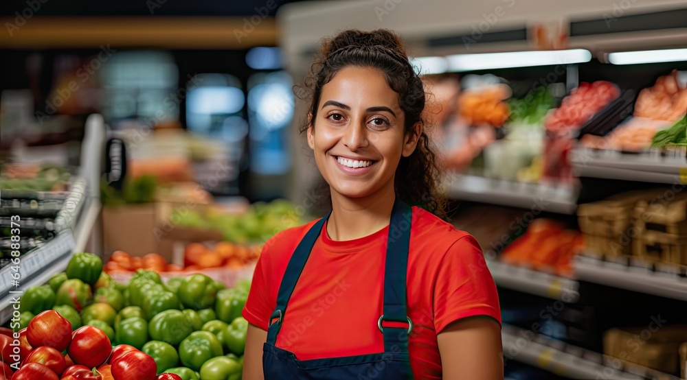 18-Year-Old Smiling Latino Woman Working in Modern German Supermarket 18-Year-Old Smiling Latino Woman Working in Modern German Supermarket