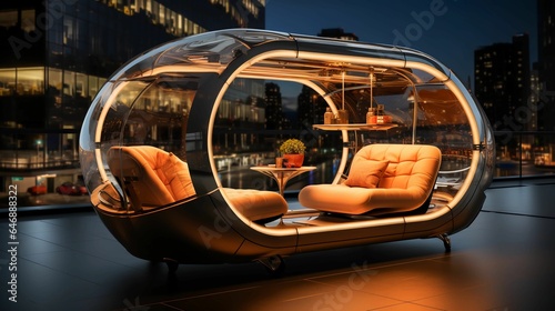 the inside of a futuristic capsule house lit up at night with the city lights glowing