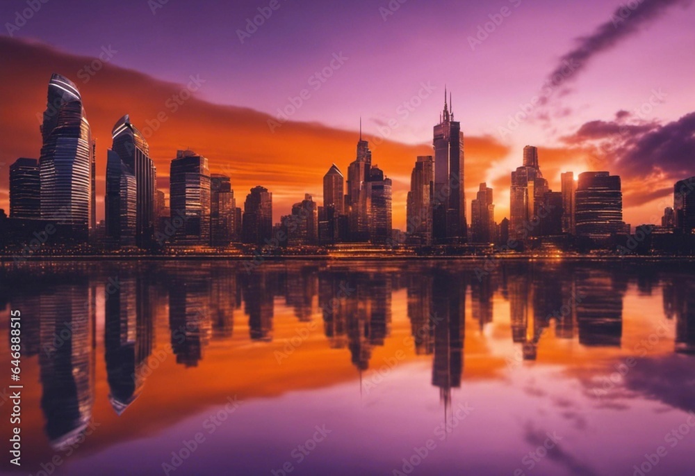 AI generated illustration of a vibrant city skyline illuminated by a warm sunset