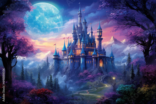 Castle, bridge and river under the full moon. Princess Castle on the cliff. Fairy tale castle in the mountains. Fantasy Night landscape. Castle on the hill. Fairy city. Kingdom. Magic tower. Art