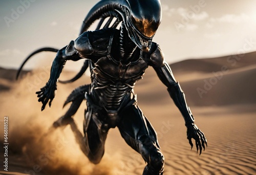 Extraterrestrial figure sprinting across a sandy desert landscape, AI-generated.
