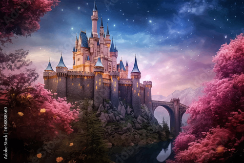 Castle, bridge and river under the full moon. Princess Castle on the cliff. Fairy tale castle in the mountains. Fantasy Night landscape. Castle on the hill. Fairy city. Kingdom. Magic tower. Art
