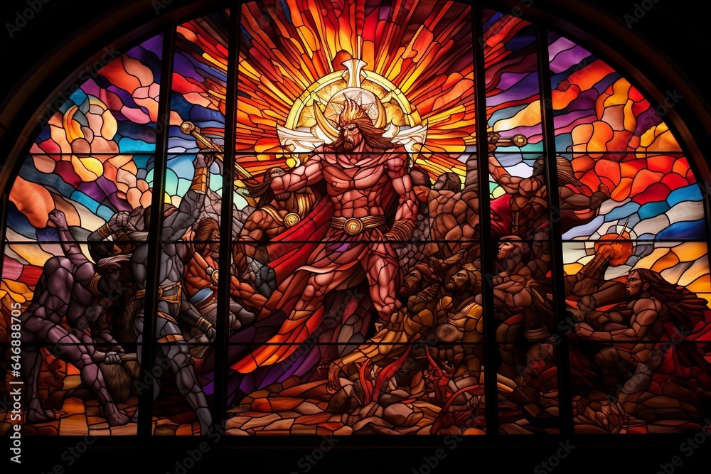 AI generated illustration of a large stained glass window with a silhouette of a person