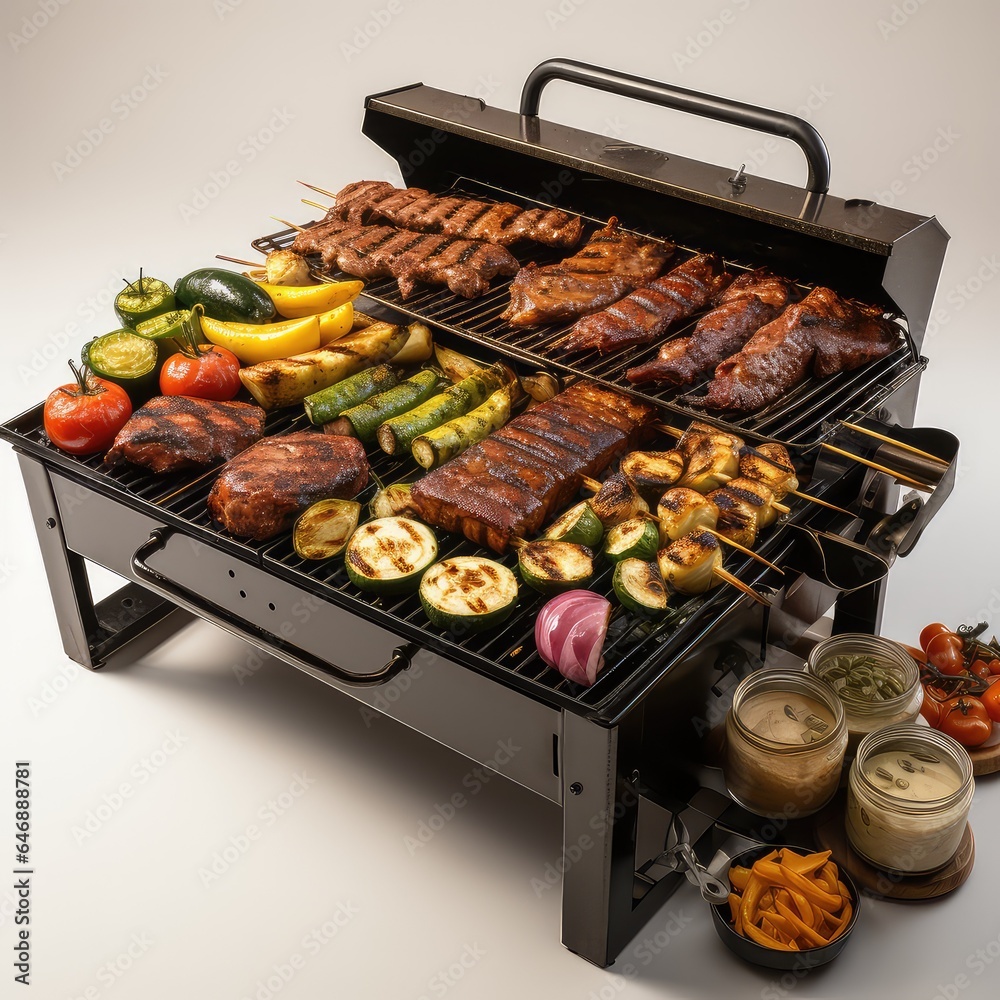 Barbeque Grill Sizzling with Meats and Vegetables 