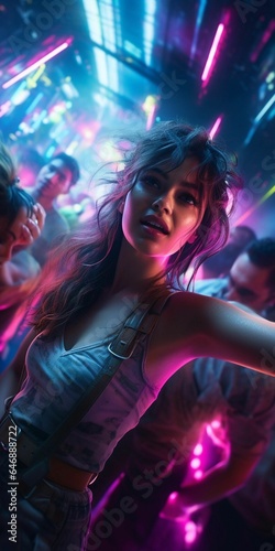 AI generated illustration of a young female dancing to the music in a trendy nightclub