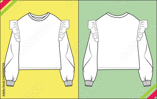GIRLS FRILL LONG SLEEVED BLOUSE SKETCH FASHION TEMPLATE TECHNICAL DRAWING ILLUSTRATION SEWING PATTERN.zip