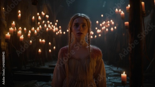 a young woman in a long dress stands in front of rows of candles