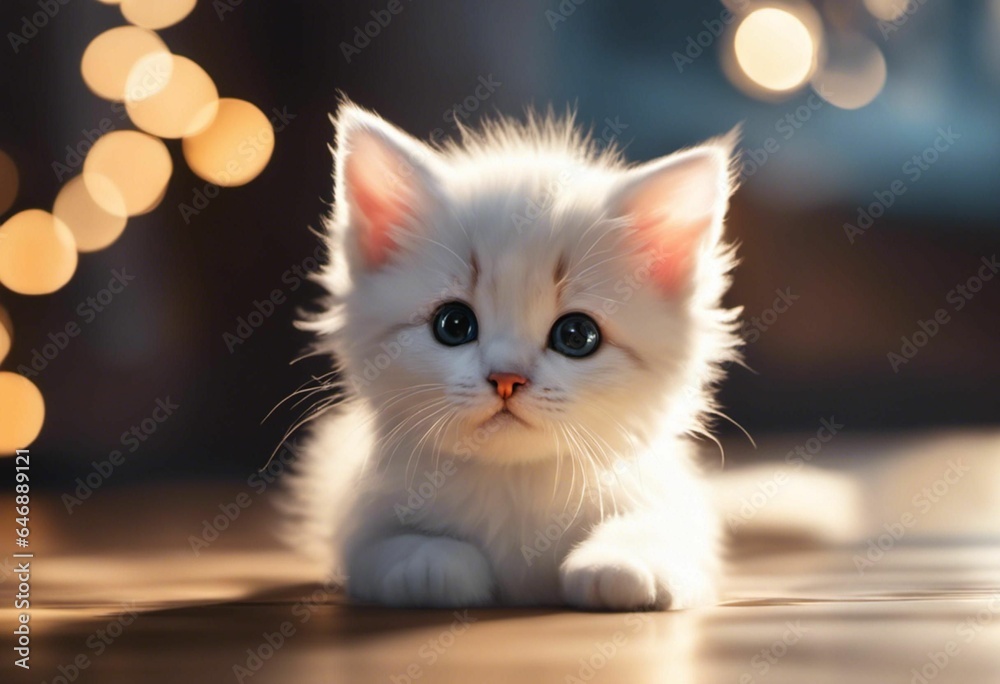 AI generated illustration of an adorable white and gray kitten, sitting on the floor
