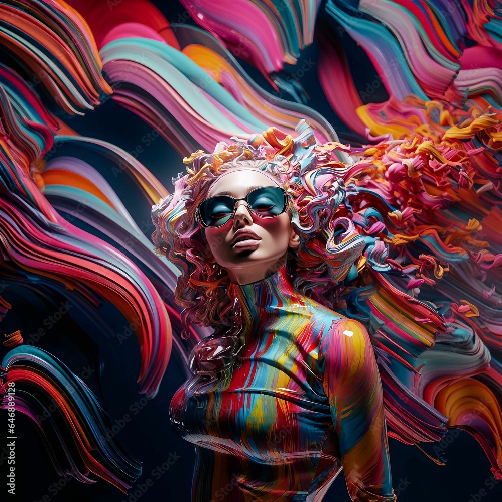 Young woman with brightly dyed hair and glasses in front of a colorful background, AI-generated. Young woman with brightly dyed hair and glasses in front of a colorful background, AI-generated.