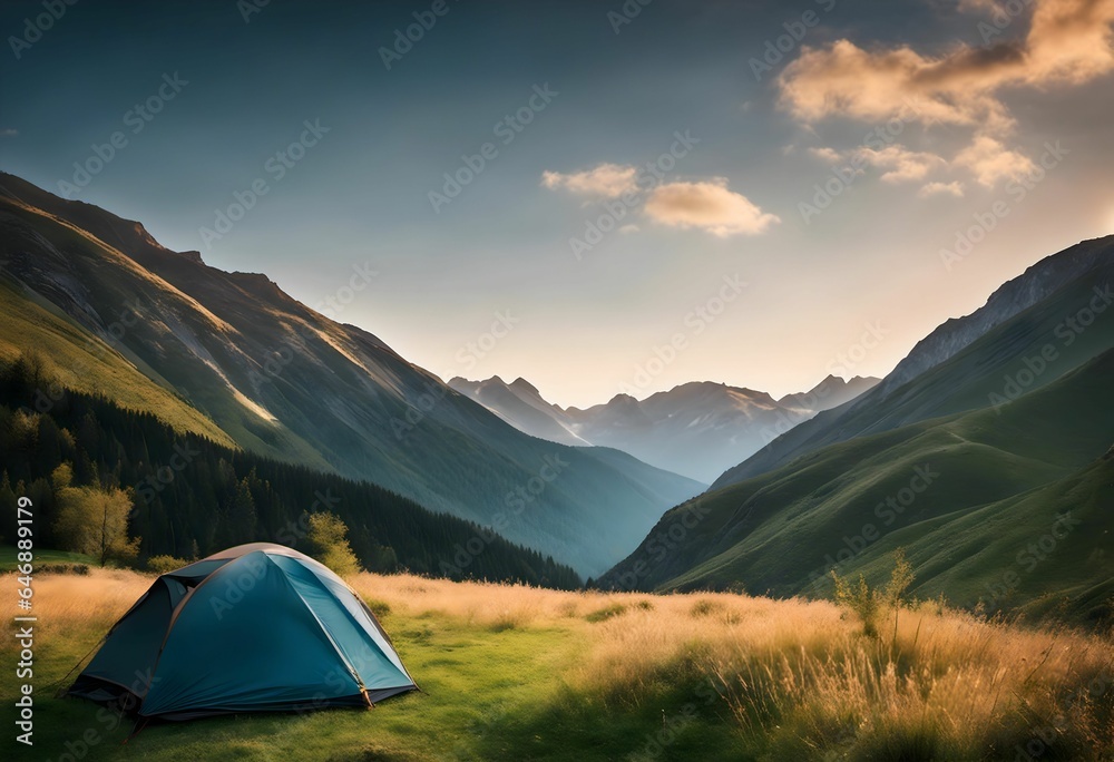 AI generated illustration of a blue camping tent against a backdrop of a mountainous landscape