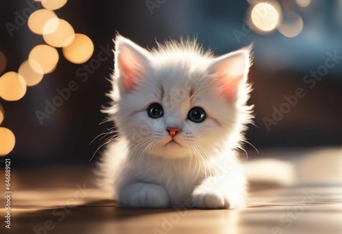 AI generated illustration of an adorable white and gray kitten, sitting on the floor