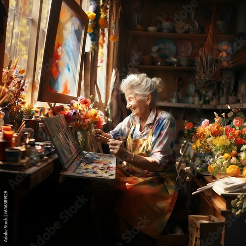 AI generated illustration of a cheerful old woman painting flowers with watercolors in a workshop photo