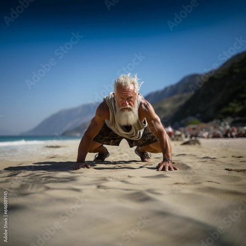 AI generated illustration of a fit elderly man gracefully practices yoga photo