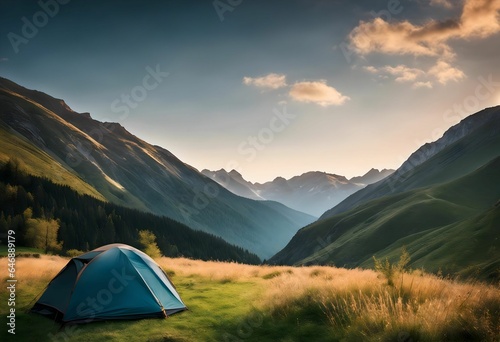AI generated illustration of a blue camping tent against a backdrop of a mountainous landscape