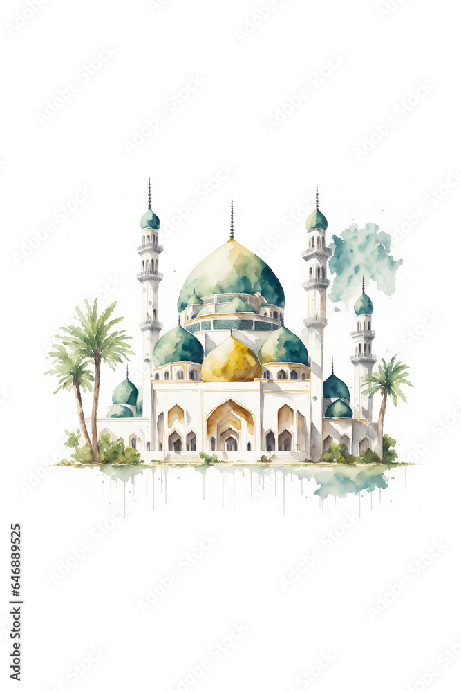 Islamic mosque watercolor illustration on white background, AI Generative illustration